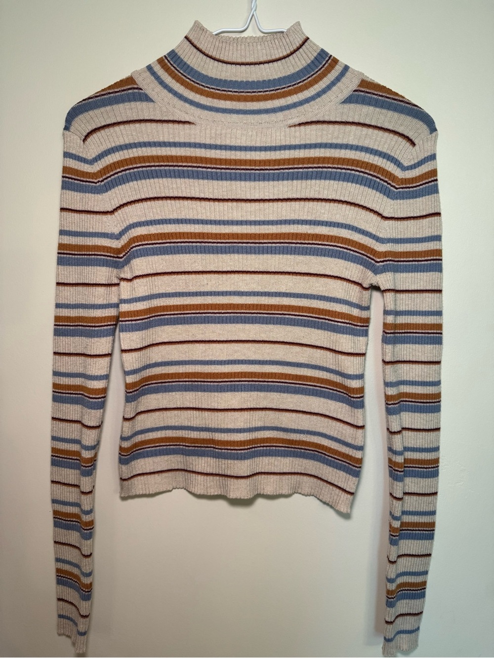 Pink Republic Striped Mock Neck Sweater - Cream, Blue & Brown